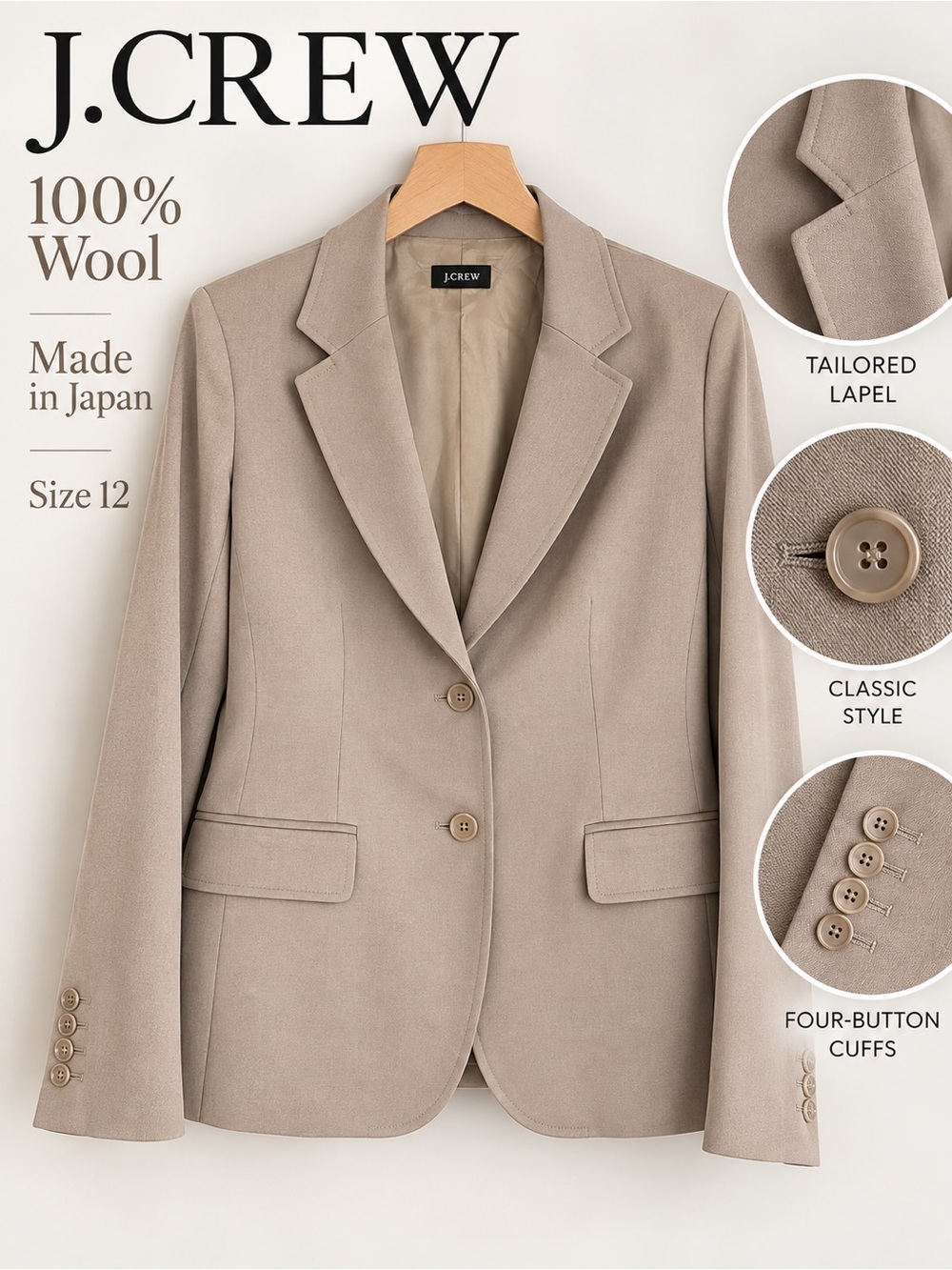 J. Crew 100% Wool Taupe Blazer Size 12 Made in Japan Tailored Jacket